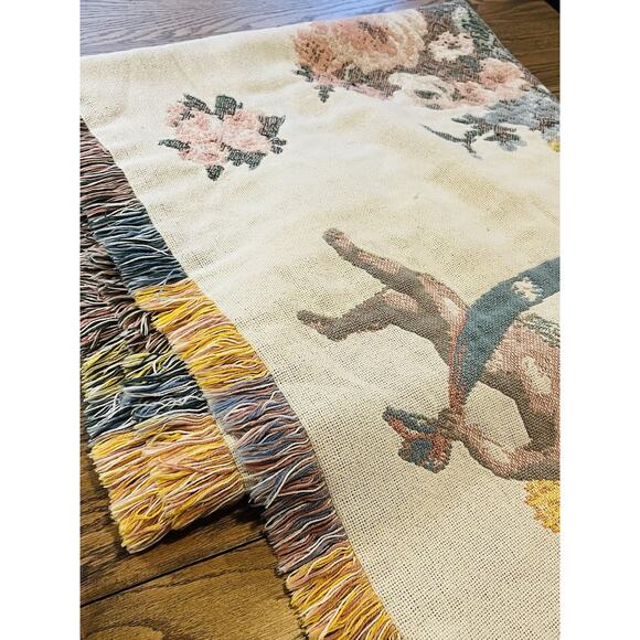 Thick Woven Blanket Tapestry Pink Flowers Floral Angel Cherub Cupid Fringe Cotto - Picture 13 of 16